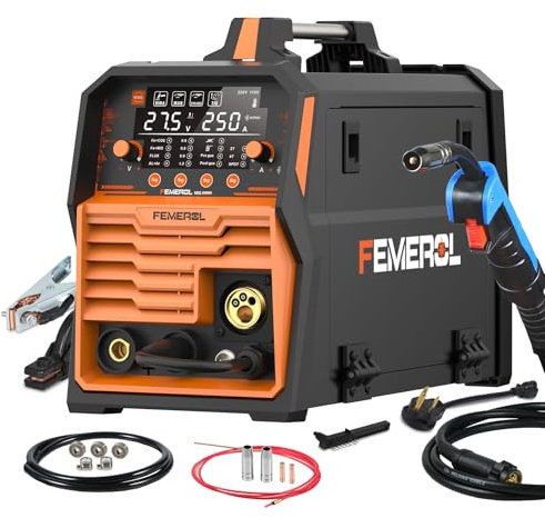 FEMEROL Saldatore MIG 250A, 6 in 1 Gas MIG/Gasless Flux Core/Stick/Lift TIG/Saldatura a punti/Spool Gun Compatibile Saldatrice in alluminio Saldatrice grande display a LED 110V/220V Saldatore Multi