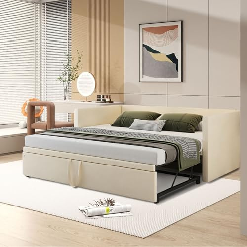 LLODERY Polsterbett 90/180x200 cm, ausziehbares Schlafsofa mit Lattenrost, Multifunktionsbett mit Armlehnen und Rückenlehne, klappbares Tagesbett mit Untergestell, Doppelbett in Samtstoff (Beige)