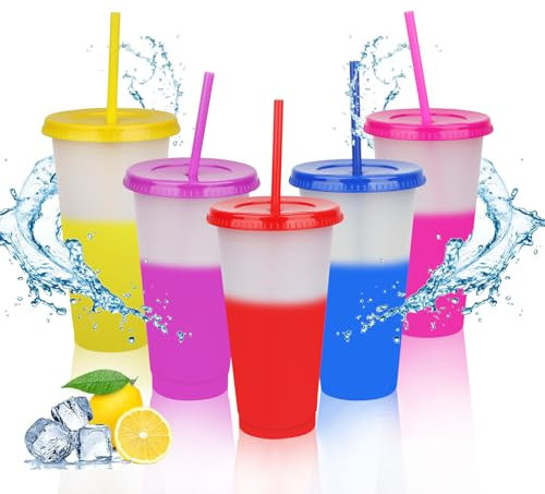 5 Pièces Tasse à Boissons Froides avec Paille & Couvercle, 710ML Gobelets en Plastique Réutilisables à Changent de Couleur, Tasse pour Fête Tasse de Voyage, Verres Gobelets pour Enfants et Adultes
