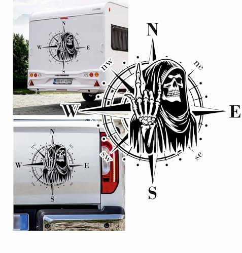 Kompass Sensenmann mit Mittelfinger Totenkopf Tod Aufkleber Größe&Farbe wählbar Hund Hunde Wohnmobil Caravan Autoaufkleber Sticker Kompassrose Windrose Camper