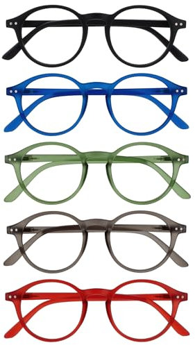 OPULIZE REY Lesebrille - 5er-Pack - Runder Retro-Rahmen - Mattschwarz, Blau, Grün, Grau, Rot - Herren Damen - Federscharniere - RRRRR56-1367Z - +3.00