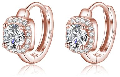 SLUYNZ 925 Sterling Silber Halo simulierte Diamant Creolen Ohrringe für Damen Sparkly CZ Creolen Ohrringe Square Cubic Zirkonia Huggie (C-Rose Gold)