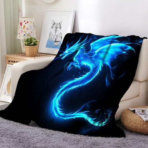 KuscheldeckenBlau leuchtender Drache im magischen Stil 3D-Digitaldruck Kuscheldecke Weich Wohndecke, Sofadecke 220 x 240 cm Blau Zweiseitige Decke für Jungen Erwachsene