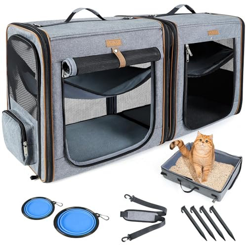 Lekeinchi 2-in-1 Cat,Dog Carrier for Small Medium Large Pets up to 35 Lbs, (17.7*2)*16.5*13 Car Travel Carrier with Litter Tray, Bowl and Locking Zipper (No Hammock) - Grey