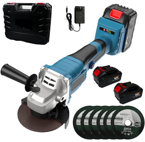 VOLTIX Smerigliatrice Angolare a Batteria 21V, smerigliatrice a batteria, smerigliatrice angolare con 2 Batterie e 6 Dischi Abrasivi