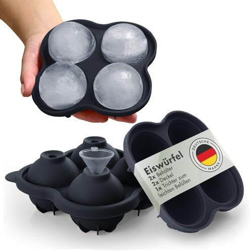 Blumtal Silikon Eiskugelform 2x4er XXL + Trichter-Deckel- Eiswürfel Rund Ø 5 cm - Runde Eiswürfelform 2x - BPA freie Silikonform Eiswürfel groß&rund Eiskugelformer 2x - Black Blue und Black Blue