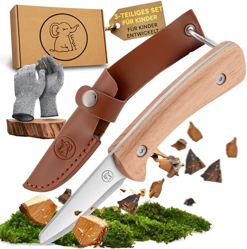 Eli® Coltello da intaglio per bambini con custodia in pelle a partire dagli 8 anni – Set da intaglio per bambini di alta qualità con guanti resistenti al taglio – Coltello da intaglio per bambini