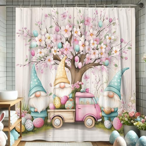 Spring Gnome Shower Curtain, Pastel Peach Blue and Yellow Gnomes with Easter Eggs Decor for Bathroom, Cute Floral Tree Waterproof Shower Curtain with Hooks for Holiday Decor 72x78 Inch