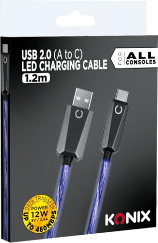Konix USB-2.0-Kabel Typ A zu Typ C für PS5, Switch 2 und Xbox Series X|S - Schnellladung bis zu 12 Watt - Länge 1,2 m - Blaue LED-Beleuchtung