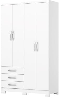 Befara Armario 4 Puertas 3 CAJONES Olinda, Blanco, 121 x 46.5 x 200 cm, Armario de 200 x 121 x 46,5 cm, 4 Puertas y 3 cajones