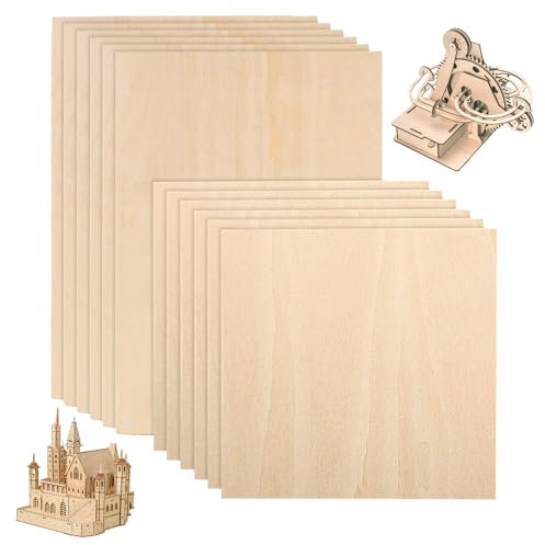 12 Pcs Plywood Sheets, Basswood Sheets, Balsa Wood, Blank DIY Wooden Boards, Squares Board for Crafts Painting 200x100mm, 100x100mm, Ideal for Crafting, Model Building