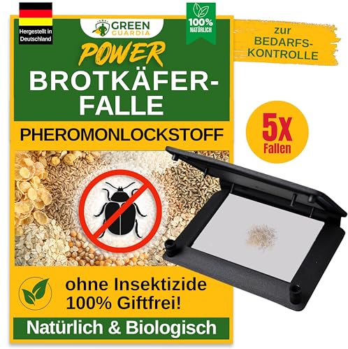 GREEN GUARDIA Brotkäfer Falle mit Spezial-Lockstoff - 5X Fallen - umweltfreundlich Brotkäfer bekämpfen, Chemiefreie Falle mit starker Klebefläche, giftfrei & geruchsneutral