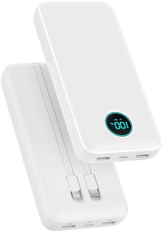 Batterie Externe 26800mAh avec Câbles, PD 25W QC4.0 Charge Rapide Power Bank USB C Chargeur Portable avec 5 Sorties, Affichage LCD Batterie Portable pour iPhone 16/15/14, Samsung Huawei - Blanc