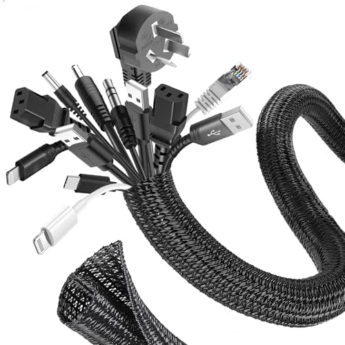 Romon 6m Cubre Cables, 25-32 mm Expandible Trenzada Funda Cables, Auto-Cierre Ocultar Organizador Cable, Esconde Cables para TV PC Office Cine, Proteja al Perro Gato de los Cables de Masticación-Negro