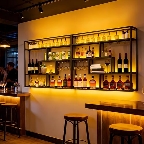 Moderno Botellero Montado En La pared Grande Estante de vino Decorativo Industrial de Metal con Portavasos para Copas Portabotellas de 4 Niveles Barra Estante de Exhibición (Black, Right ,150cm)