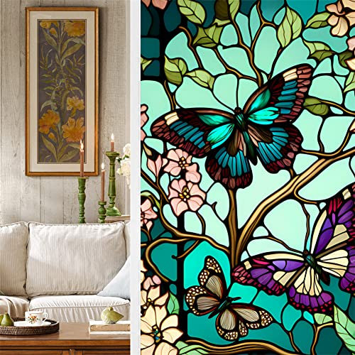Fensterfolie Blickdicht Selbsthaftende, Sichtschutzfolie Fenster Bunt Schmetterlingsmuster, Pflanzen Blumen Fensteraufkleber 60*100cm, Statisch Haftend Ohne Klebstoff Anti UV Sonnenschutz für Büro Woh
