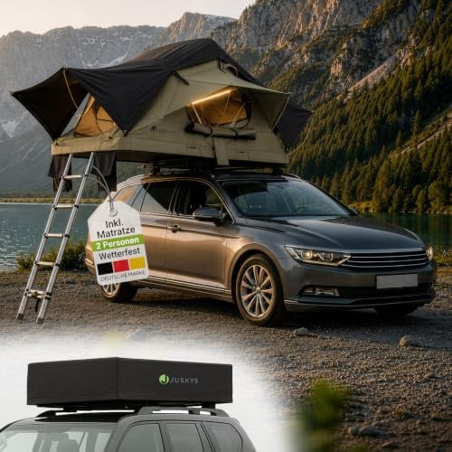 Juskys Autodachzelt Lago 120 x 210 cm - UV-Schutz & Wasserdicht - Matratze & LED-Beleuchtung - Camping & Outdoor - Teleskopleiter - Schwarz/Khaki