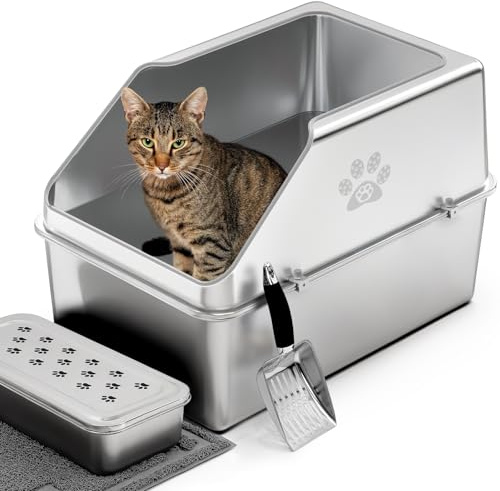 PTLOM Stainless Steel Cat Litter Tray with 15.7 High Rim, Large Metal Cat Litter Box, Prevents Urine Leakage, Non-slip and Odorless,Narrow Edge Opening Pet Cleaning Tool，23.4x15.5x15.7