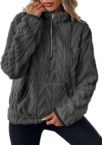 ROFUSSO Felpa Morbida da Donna Maglia Invernale in Pile a Maniche Lunghe Felpa Casual Invernale Maglione Caldo in Sherpa con Tasche(Grigio Scuro,XXL)