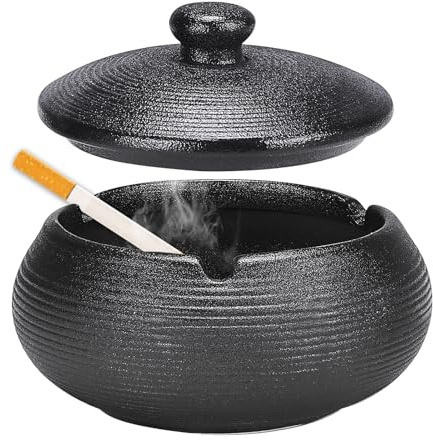 Aschenbecher Keramik mit Deckel, Winddicht, Retro Windaschenbecher für Innen & Außen, Zigaretten Sturmaschenbecher für Zuhause, Büro, Balkon und Terrasse - Schwarz