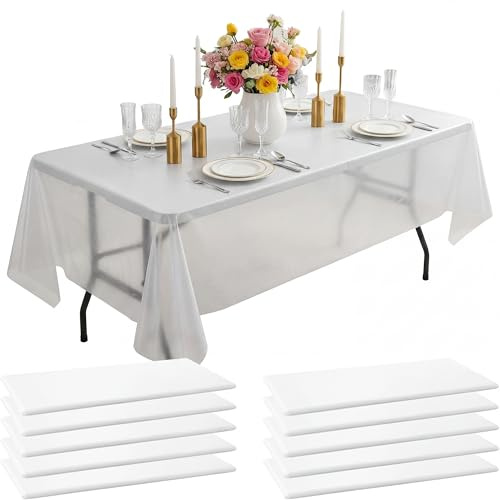 10 Stück Einweg Tischdecke Weiß 137x274cm: 0,03 mm Dick wasserdichte PEVA Plastik Tischdecke für Bankett Hochzeit Party Catering Weihnachten Familienfeiern
