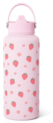 Strawberry Girls Water Bottle 32oz Stainless Steel with Lid & Straw, Insulated Bottles for Women Girls, Gifts Ideas for Birthday Christmas