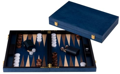 Engelhart-250554 – Backgammon Holz 15 Zoll (38 cm) Luxus Koffer Maserholz Walnuss-Inlay – Offen 48 × 38 cm – Braun/Weiße Steine – Würfel & Becher – Klassisches Brettspiel
