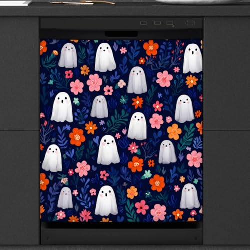 Mexpekil Navy Blue Flowers Ghost Dishwasher Magnet Cover 23x26Inch Decorative Dish Washer Sticker for Front Door Waterproof Kitchen Appliance Panel Magnetic Decal