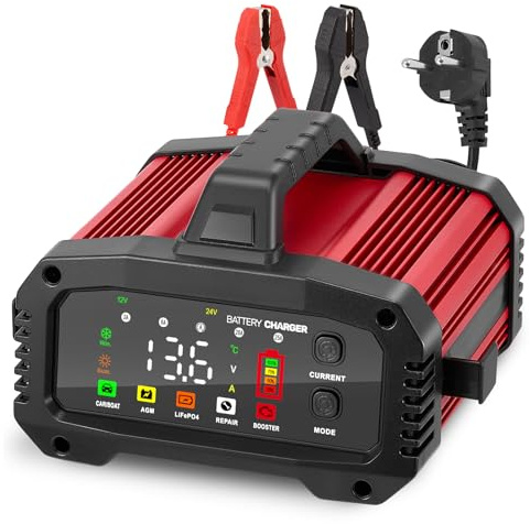 Chargeur de Batterie Automobile 25A, Chargeur de Batterie 12V/24V pour véhicules, Chargeur à 8 Niveaux avec Mode réparation et contrôle de la température pour Motos, tondeuses à Gazon, LiFePO4 (25A)