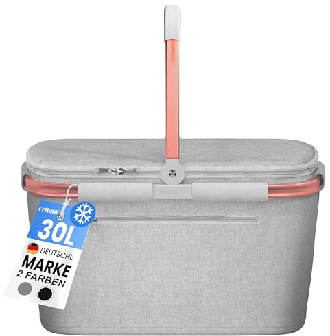 Cottara® Thermo Einkaufskorb Kühltasche groß | isolierter Einkaufskorb mit Deckel, verstärktem Boden, Frontfach mit Reißverschluss | Ideal als Kühlkorb oder Picknick Korb (Hellgrau Rose)