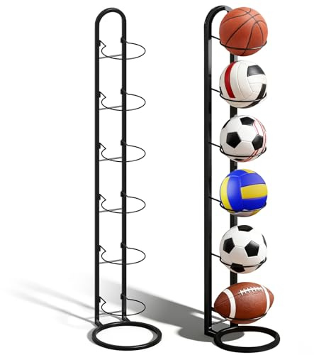 XHNKEG 6 Tier Vertical Removable Football Stand, Football Holder Stand Metal Ball Storage Rack Sports Storage Organizer Multifunctional Stands for Balls Equipment Soccer Volleyball, Black