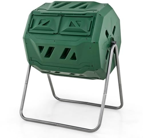 FANTASK 160L Trommel-Komposter, 70x63x93cm, 360° drehbar, Trommelkomposter Doppelkammer mit 2 Schiebetüren & Handschuhe, Kompostbehälter aus PP & Metall, für Garten Balkon (Grün)