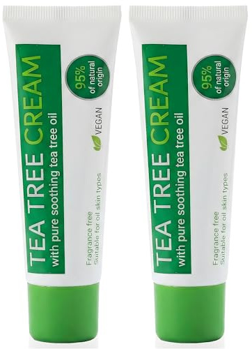 Tea Tree Cream 2 x 50ml – Fragrance Free Vegan Moisturiser, 95% Natural Origin Skin Care for Oily, Blemish-Prone & Problem Skin – Soothing Herbal Formula