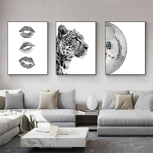 JORCEDI 3er Poster Set, schwarz weiß Leopard Lippen Disco Kugel Leinwanddrucke ästhetische Wanddekoration für Wohnzimmer Schlafzimmer, Ohne Rahmen (30x40cm)