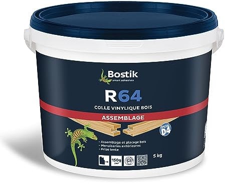 Bostik Colle Vinylique Bois R64 – Colle à Bois Prise Semi Rapide – Colle d'Assemblage et de Placage du Bois – Colle D4 Menuiseries Extérieures – Blanc – Seau de 5 kg