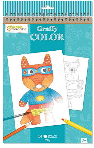 Avenue Mandarine GY017O Malblock Graffy Color, Zeichenpapier 120g, mikroperforiert, 2 x 12 Designs = 24 Blatt, geeignet für Kinder ab 3 Jahren, 1 Stück, Kuscheltiere