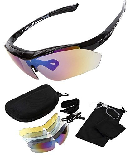 Beileer UV 400 Fahrradbrille Sonnenbrille 5 Wechselgläser Sportbrille Polarisiert für Radfahren Laufen Angeln Baseball (schwarz)