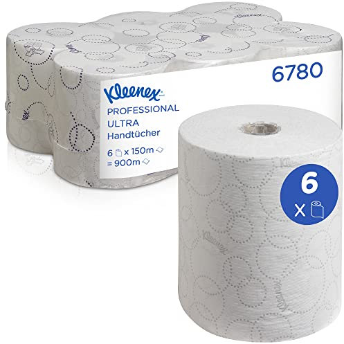 Kleenex Ultra Rollenhandtücher 6780, 2-lagige weiße Einweg-Handtücher, für den Lebensmittelkontakt zertifiziert, mit Airflex-Technologie für höhere Saugfähigkeit, 6 Rollen x 150 m (insg. 900 m)