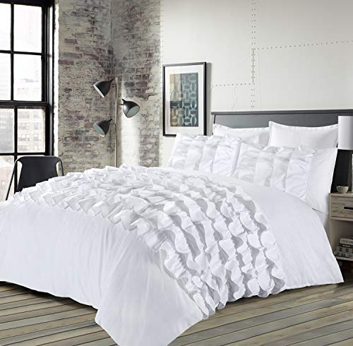 Voice7 Priscilla 3pc Frilled Super-King Duvet Cover + Two Pillow Cases - Pleated PinTuck Classical Quilt Covers Bedding Set UK Sizes (White, Super King)