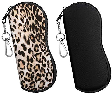 MoKo Custodia per occhiali da vista, (2 pezzi), in morbido neoprene, con cerniera, custodia protettiva per occhiali da sole con clip, per uomini e donne, nero e leopardo