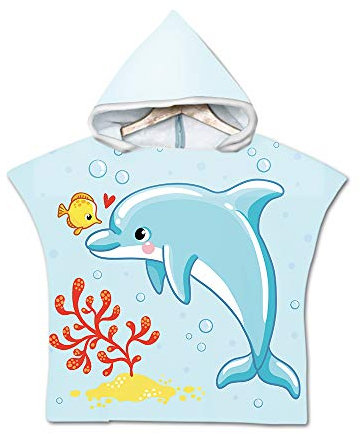 Chickw1 Badeponcho mit Kapuze Kind Poncho Handtuch, Kinderhandtuch Strand Schwimmen Bad Kapuzenhandtuch Bademantel Zum Wechseln für Jungen Mädchen (60x80cm,Delfin)