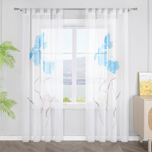 SCHOAL Gardinen mit Schlaufen Transparente Vorhänge Voile Fensterschal Modern Blumen Muster 1 Stück BxH 150x245cm Blau