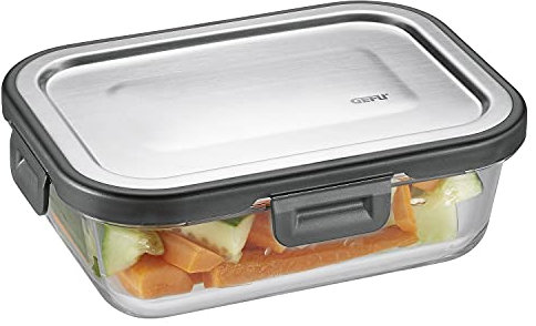 GEFU Frischhaltedose MILO - smarte Lunchbox mit Frische- & Vorratskontrolle per App, aus Glas mit Silikonverdichtung & Klick-Verschluss, Lebensmittelbehälter, Tupperdose, 600 ml, rechteckig