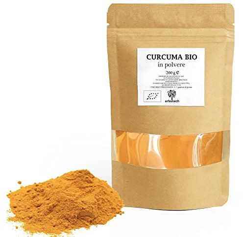 ERBOTECH Curcuma BIO in Polvere, Busta da 200 g, 100% Pura e Biologica, Senza Aggiunta di Sostanze Allergeniche, Senza OGM, Vegan & Senza Glutine