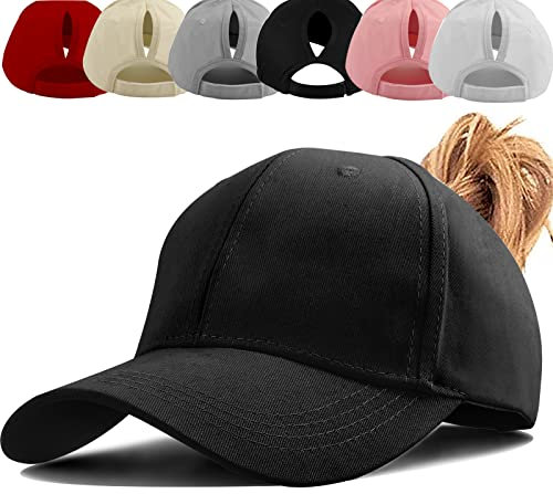 Damen Pferdeschwanz Kappe Baseball Cap Unisex Einstellbare Hohe Unordentliche Bun Ponycap Mit Zöpfen Loch Loop Unisex Herren (Schwarz)