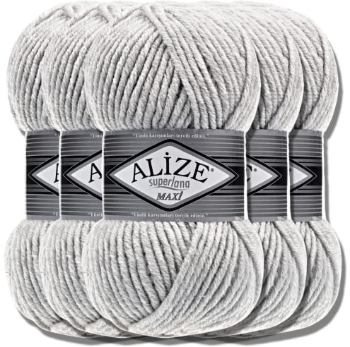 Alize 5 x 100g Superlana Maxi Türkische Premium Wolle Baumwolle und Acryl Uni Handstrickgarne | Yarn | Garn | Strickgarn Einfarbig Baby zum Häkeln Stricken Kleidung Schals (Light Grey Melange | 208)