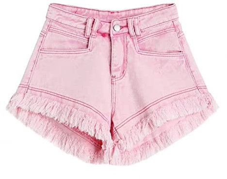 Short en jean décontracté taille haute avec pampilles pour femme, rose, S