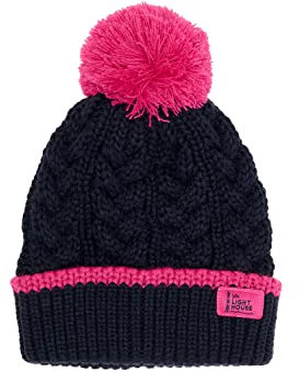 LightHouse Kids Bobbie Warm Bobble Cable Knit Hat - Childrens Winter Outdoor Headwear - Pink Navy - 2-4 Years