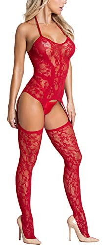 CheChury Femme Sexy Porte Jarretelles Dentelle Soutien-Gorge et Culotte Ensemble Lingerie Dos Nu Femme Babydoll Transparent Bas pour Porte-Jarretelles,Rouge