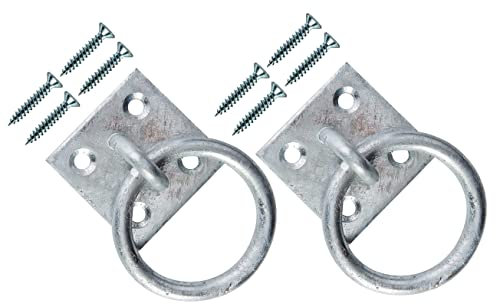TERF® Heavy Duty Galvanised Security Ring on Plate Hooks 50mm (2 inch) Pad Eye Plate with Hole Ceiling Hook Wall Mount Hook with Screws for Wall Ceiling Hanging and Multi Purpose Use - Pack of 2
